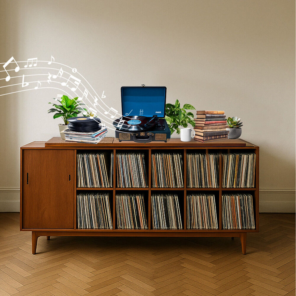Laser Suitcase Turntable Bluetooth with Built-in Speakers Black