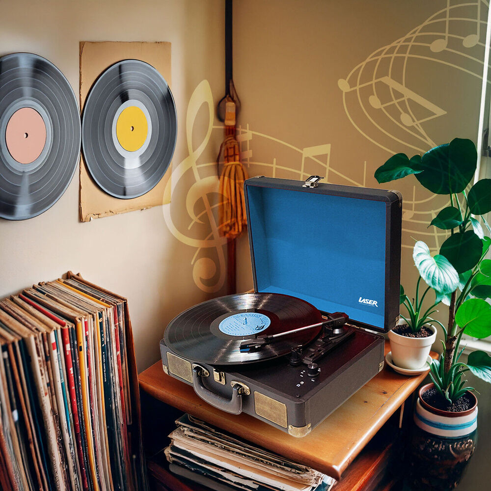 Laser Suitcase Turntable Bluetooth with Built-in Speakers Black