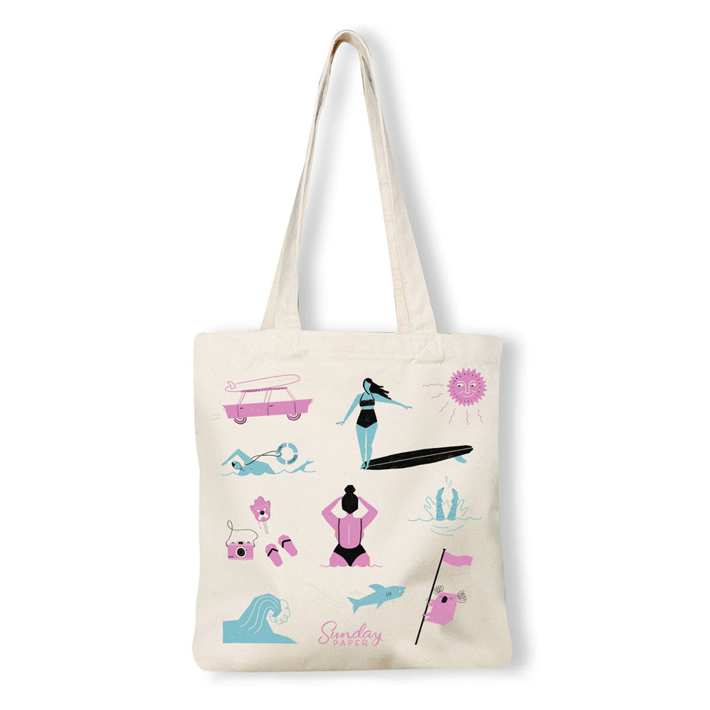 2PK Sunday Paper Women's Cotton Canvas Tote Bag 38.5x42cm - Beach Icons Print