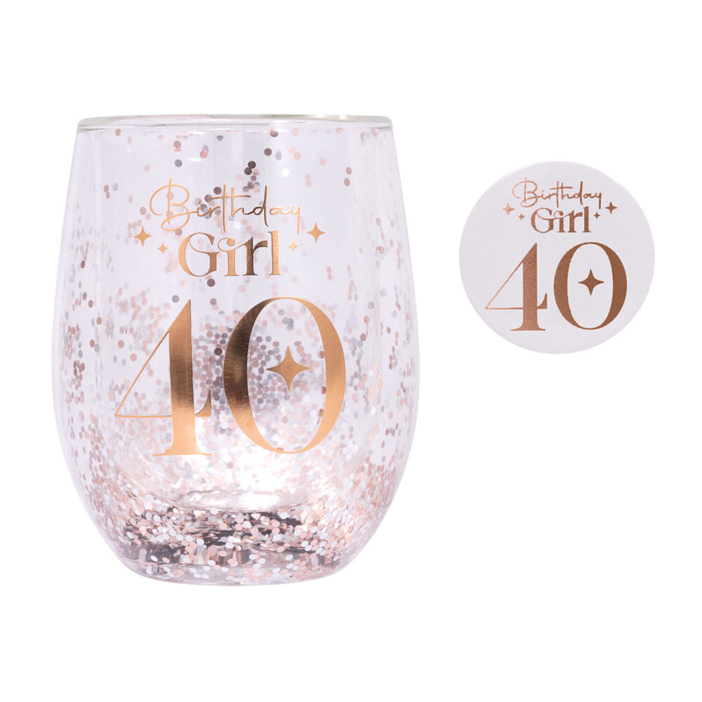 Splosh Celebration 40th Glitter Stemless Glass & Badge Set 10x12cm