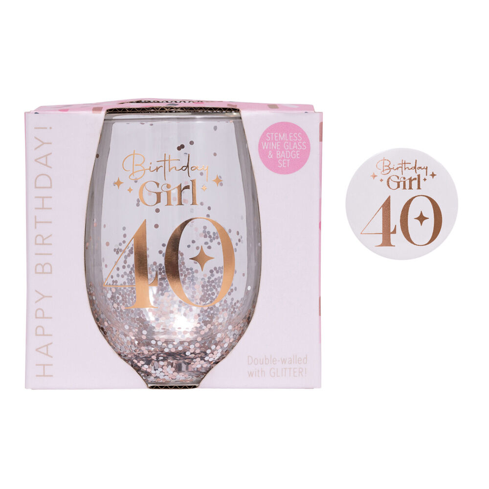 Splosh Celebration 40th Glitter Stemless Glass & Badge Set 10x12cm