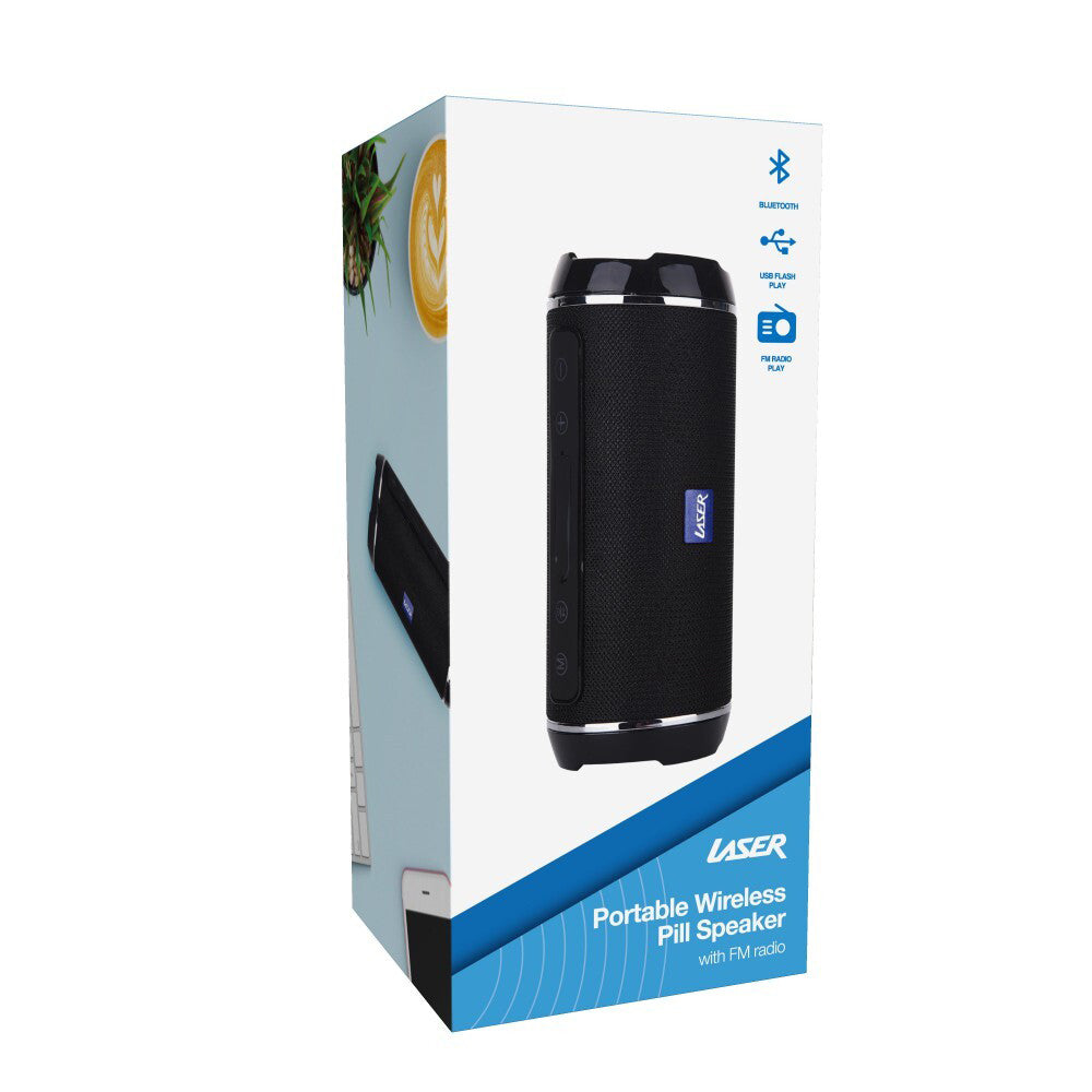 Laser Wireless Bluetooth Pill Speaker w/ FM Radio - Black