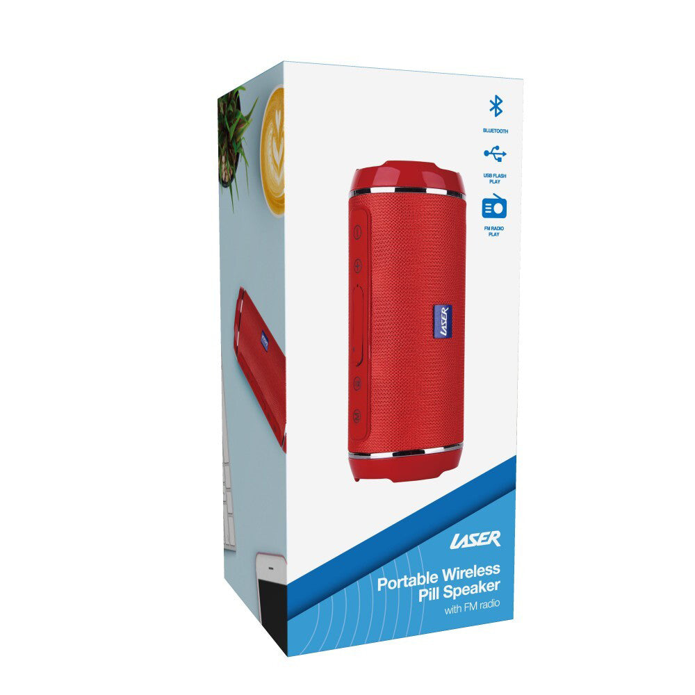 Laser Wireless Bluetooth Pill Speaker w/ FM Radio - Red
