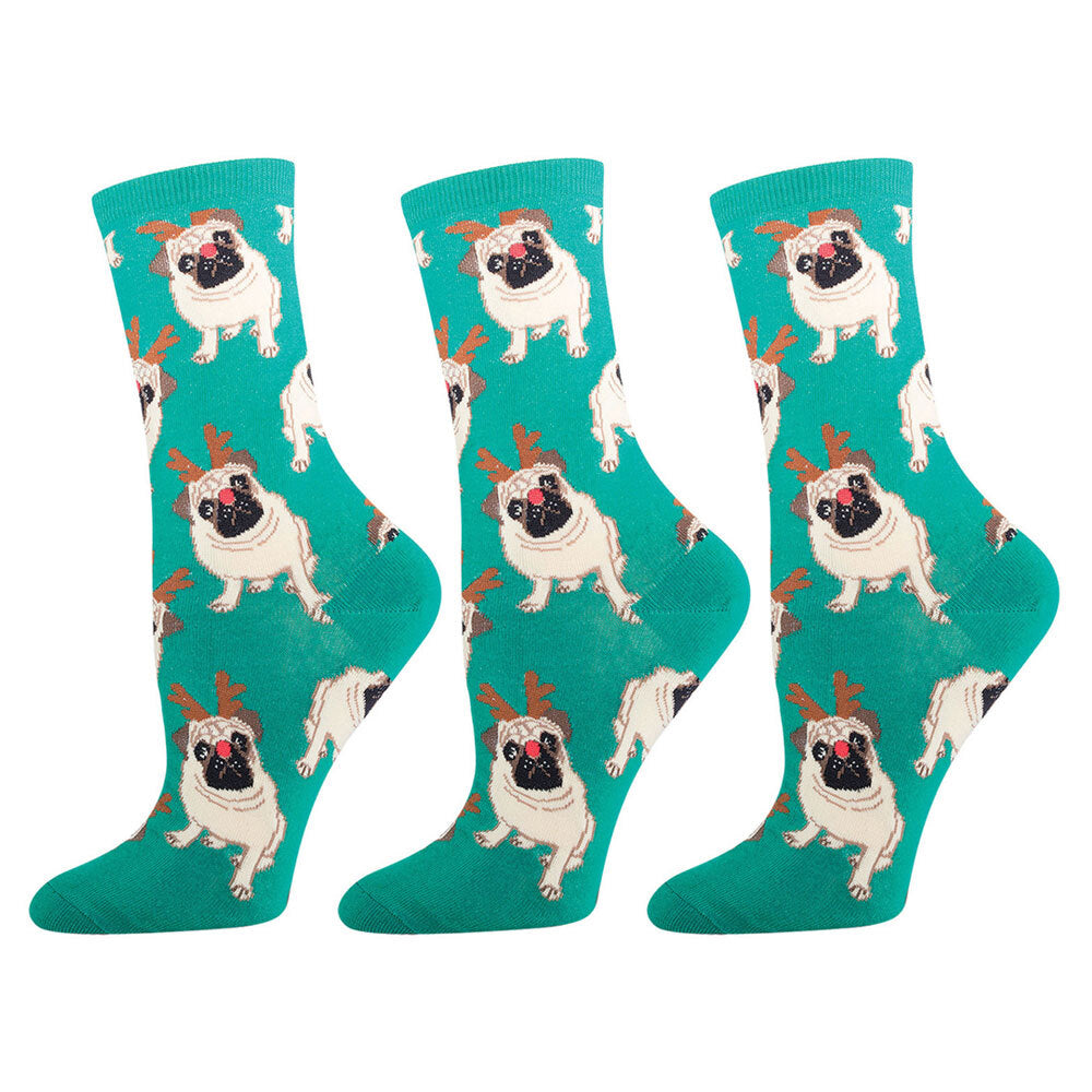 3PK Socksmith Ladies Novelty Socks Pug Antler Green One Size