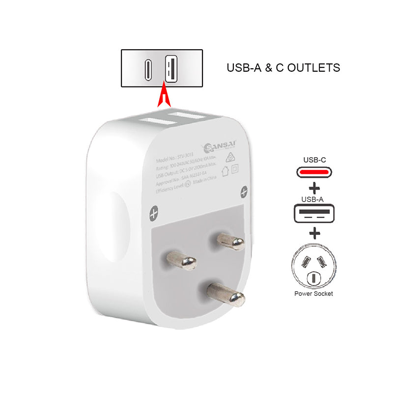 2PK Sansai Travel Adaptor w/ USB-C And USB-A Port - AU/ZA Region