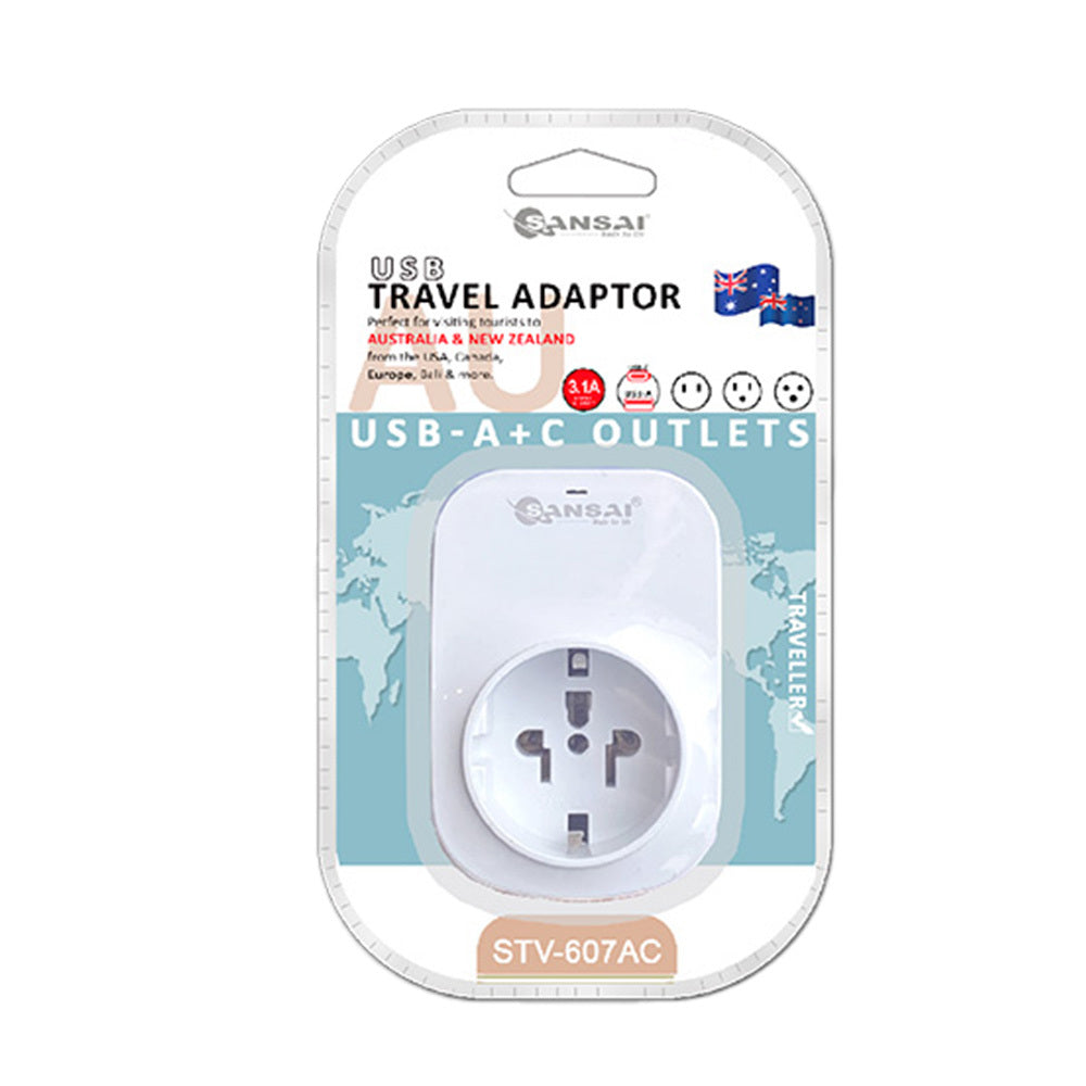 3PK Sansai Worldwide Travel Adaptor USB-C+A USA/Canada/Europe to AU/NZ Plug