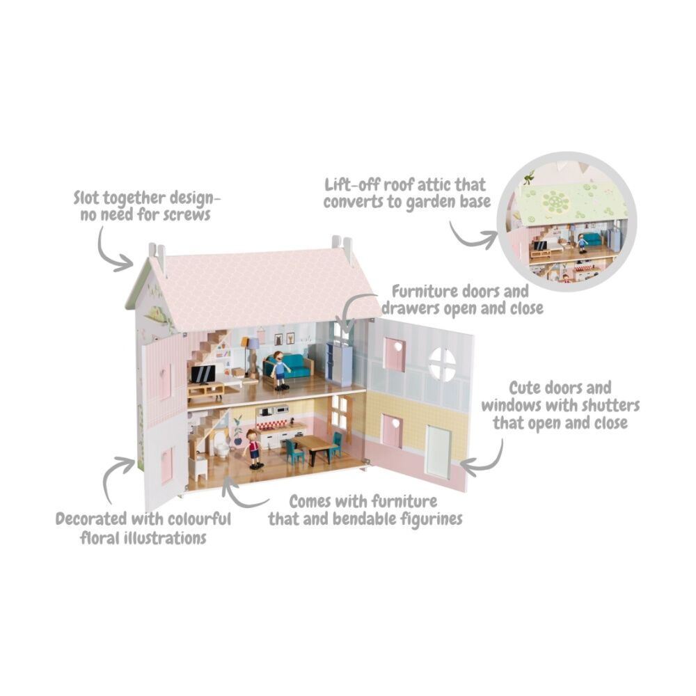 Tooky Toy Wooden Doll House Two-Storey Toyhouse Roleplay Kids/Children 3y+