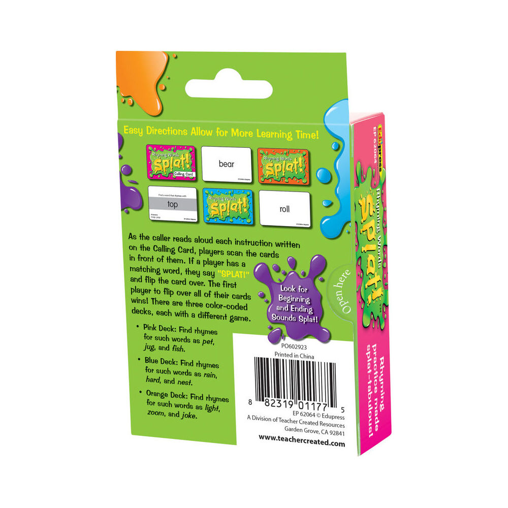 2PK Teacher Created Resources Rhyming Words Splat Flash Cards Game Set Kids 5y+
