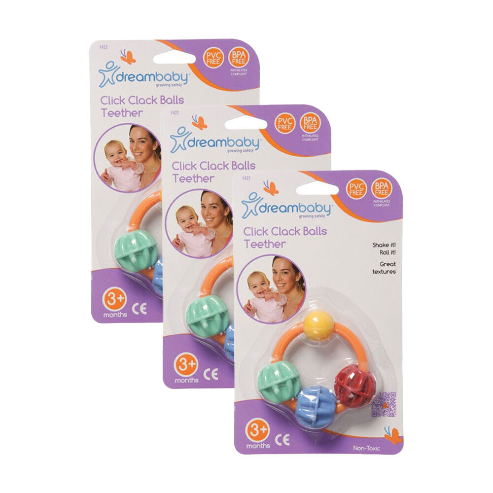 3PK Dreambaby Baby Teeth Health Click Clack Balls Ring Teether PVC Free