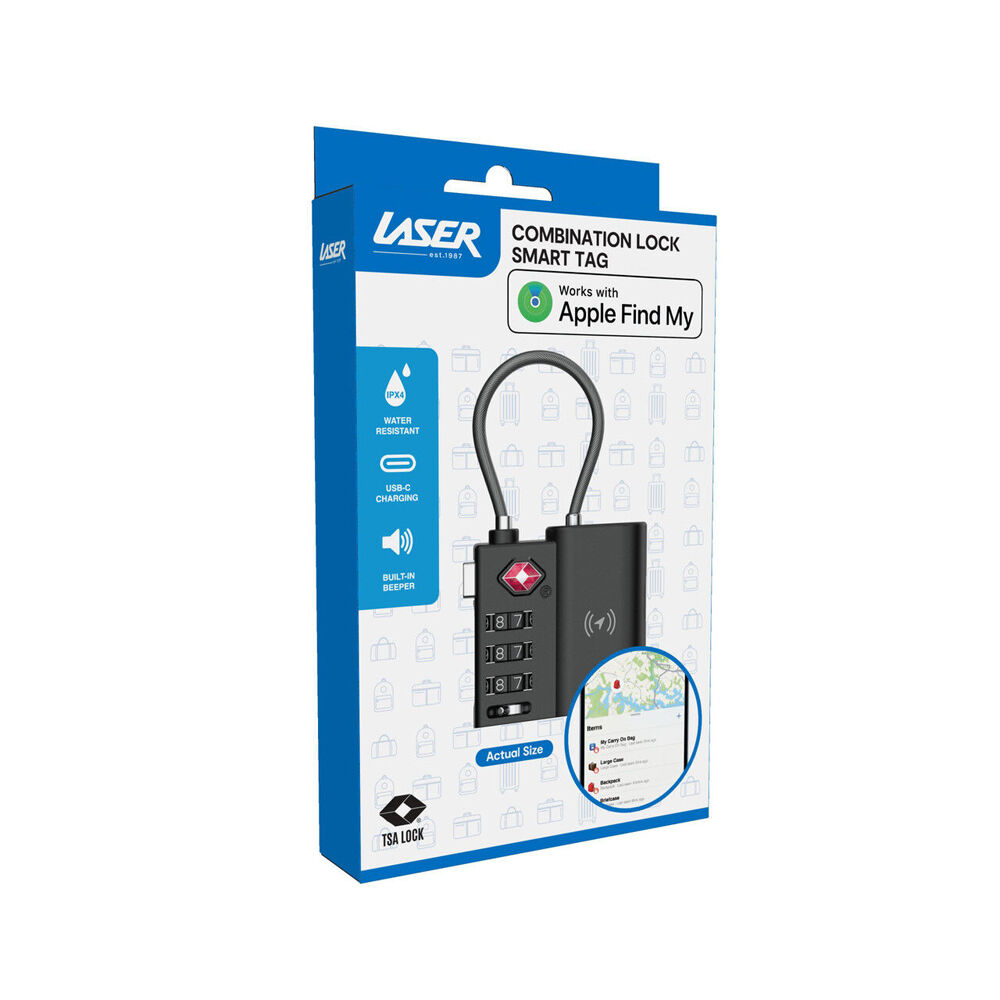 Laser TSA Combination Lock Smart Tag Rechargeable w/ Apple Find My Tracker Black