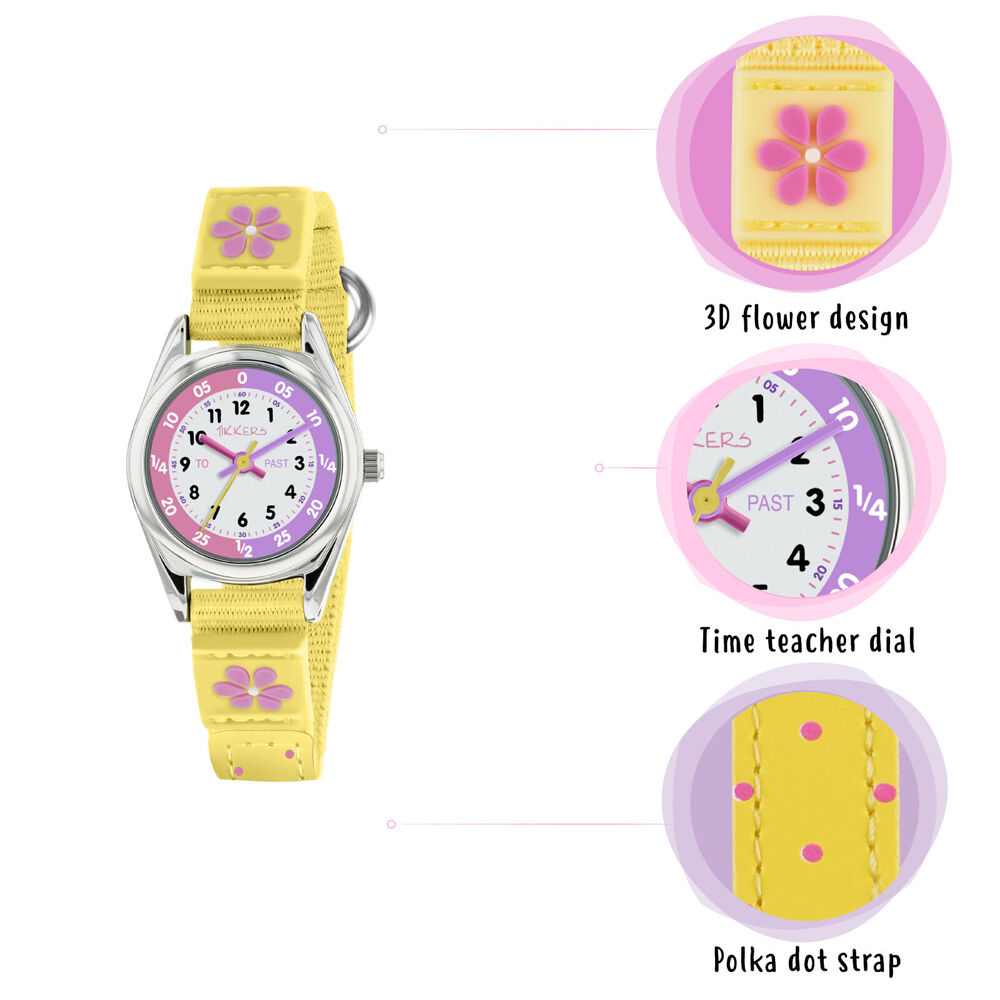 Tikkers Time Teacher Flower Dial Canvas Watch with Silicone Straps - Yellow