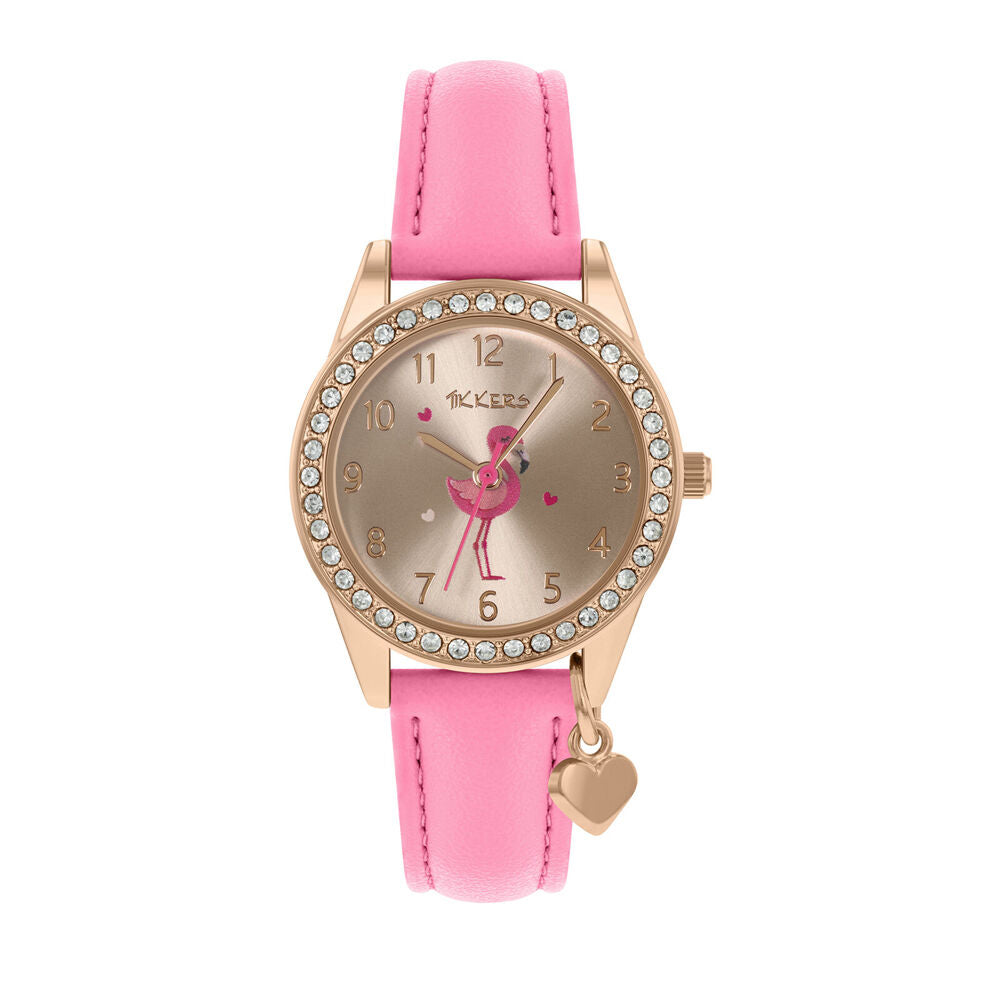 Tikkers Flamingo Heart Charm Gold Dial Watch with Leatherette Straps - Pink