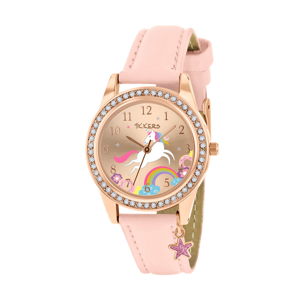 Tikkers Charm Collection Unicorn Gold Dial Watch w/ Leather Straps - Pink