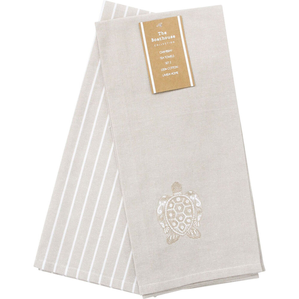 2pc LVD Stonewashed Chambray Cotton Teatowel Turtle Set 45x70cm Natural