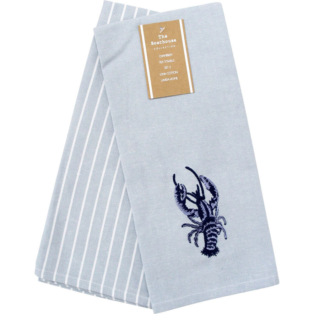 2pc LVD Stonewashed Chambray Cotton Teatowel Lobster Set 45x70cm Blue