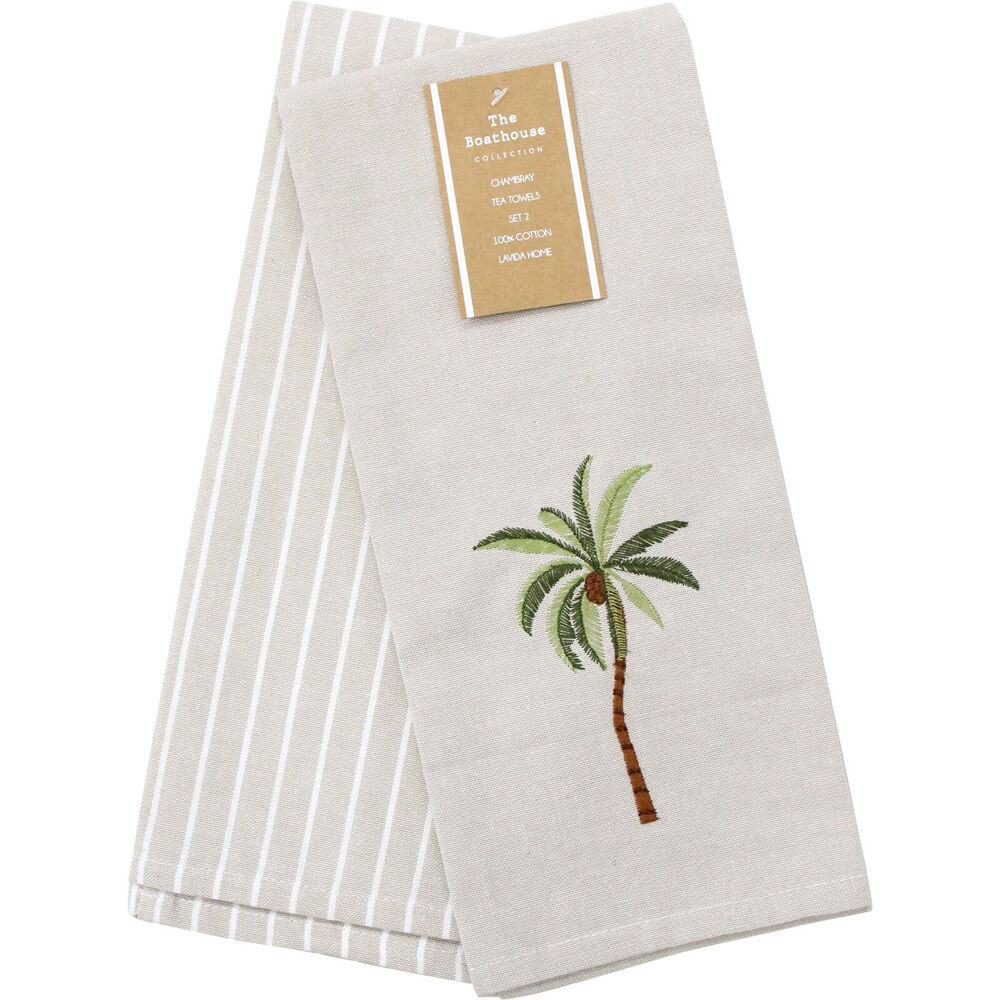 2pc LVD Stonewashed Chambray Cotton Teatowel Palm Tree Set 45x70cm Natural
