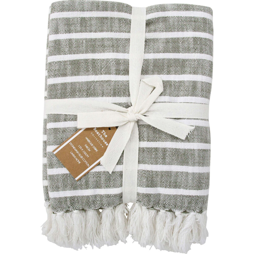 LVD Stonewashed Cotton Harbour Stripe Throw Blanket 120x150cm Olive Green