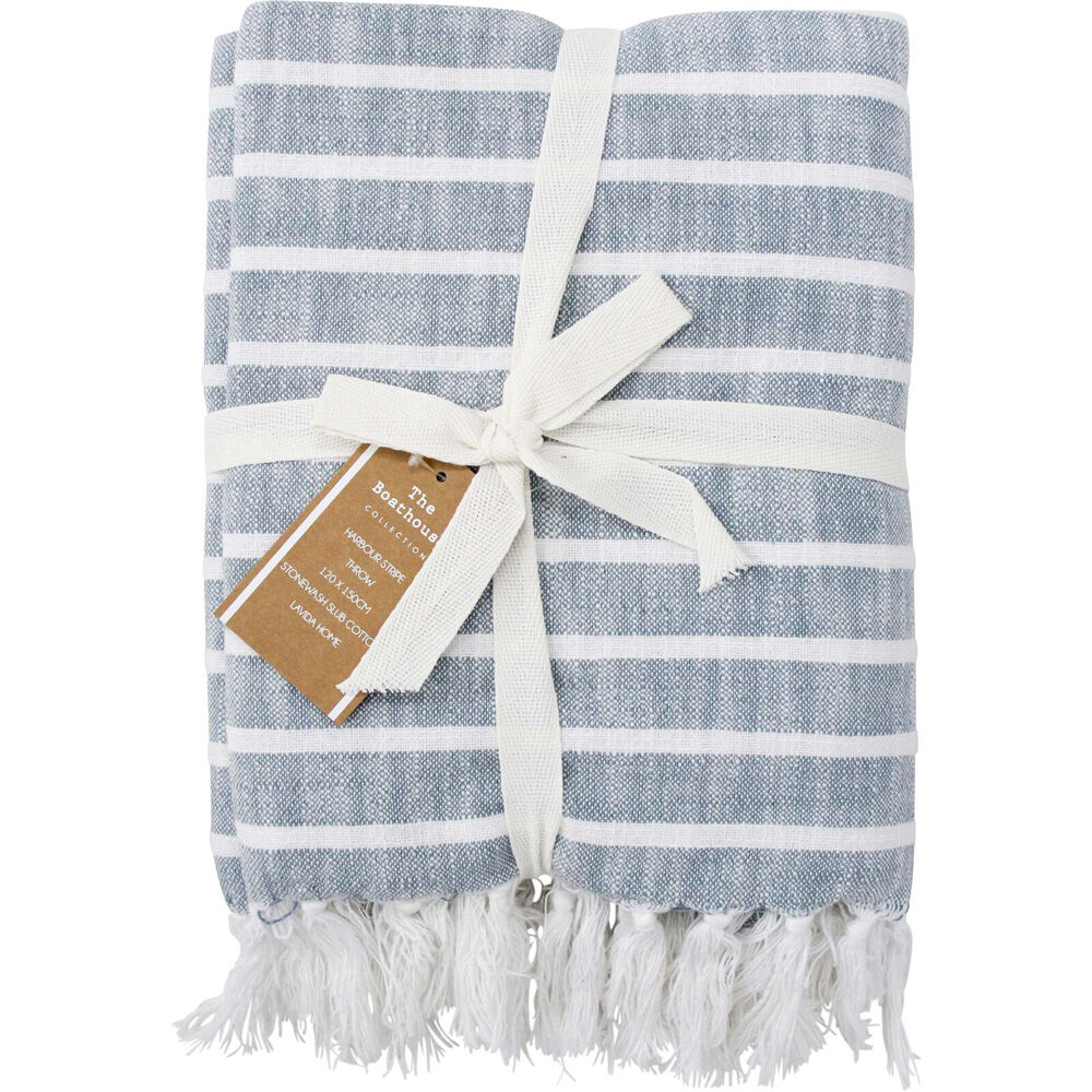 LVD Stonewashed Cotton Harbour Stripe Throw Blanket 120x150cm Chambray Blue