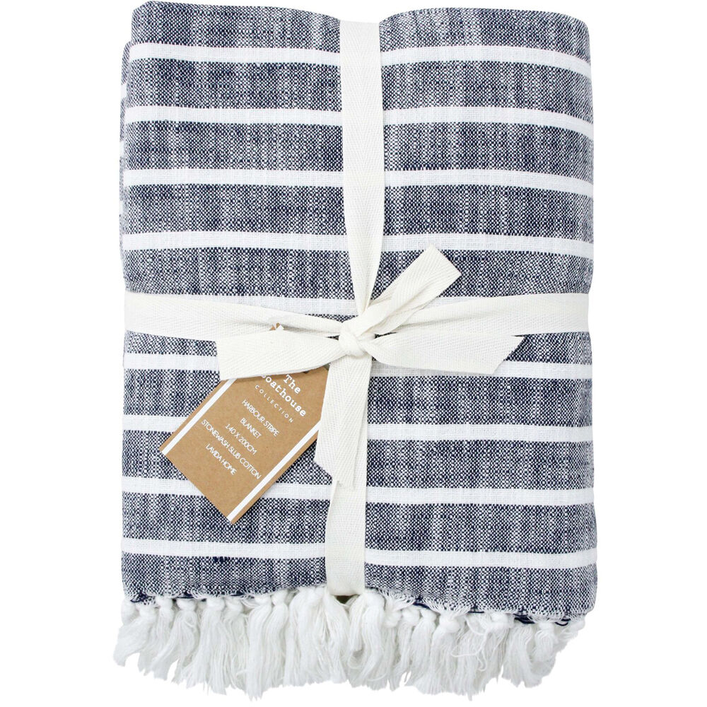 LVD Stonewashed Cotton Harbour Blanket Throw 140x200cm Navy Chambray
