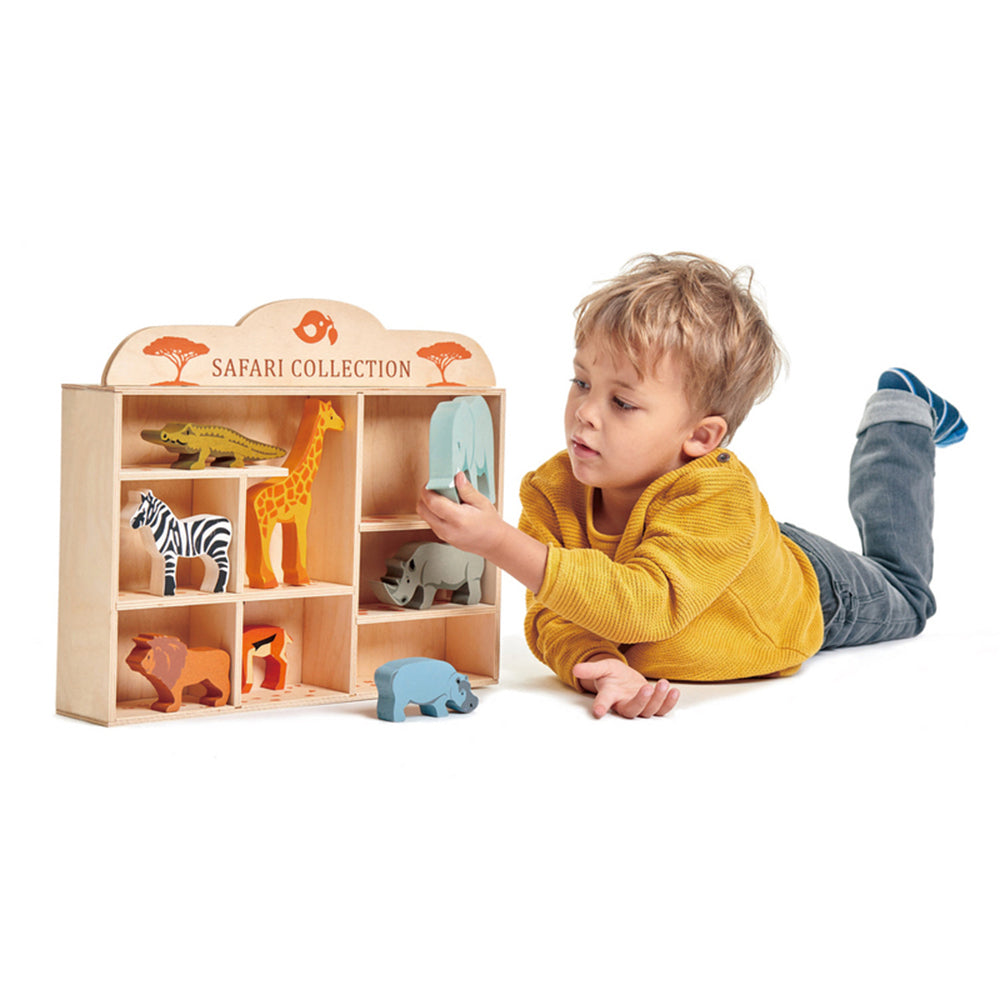 8pc Tender Leaf Toys 38cm Safari Animal Wooden Toy Set w/ Shelf Kids 3y+
