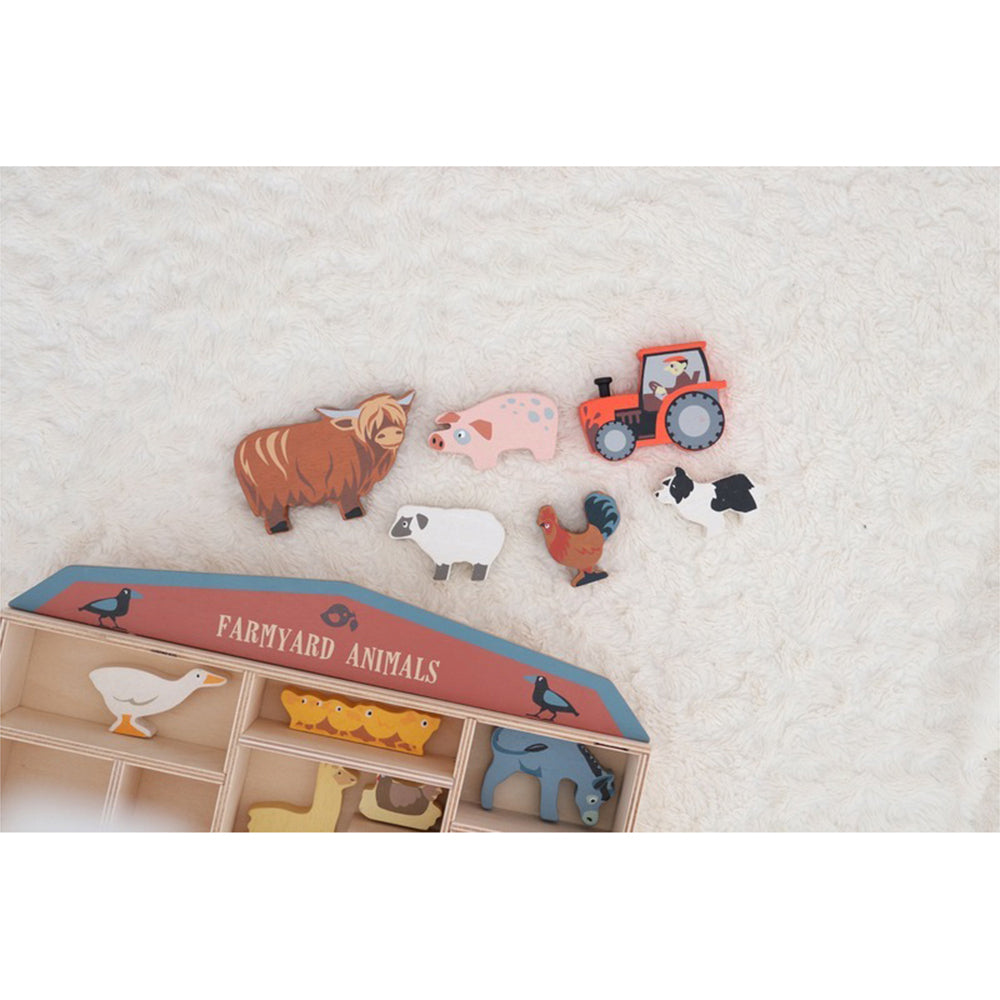 13pc Tender Leaf Toys 36cm Farmyard Animal Wooden Toy Set w/ Shelf Kids 3y+