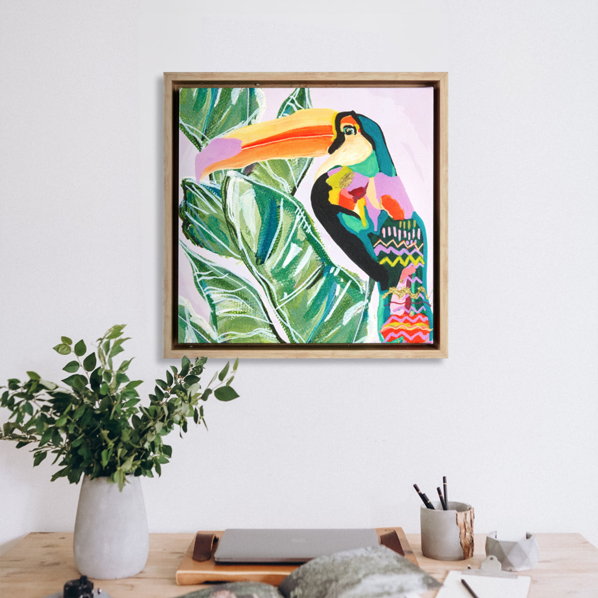 Splosh Talulah Toucan Framed Canvas Wall Hanging Art Decor Square 34x34cm
