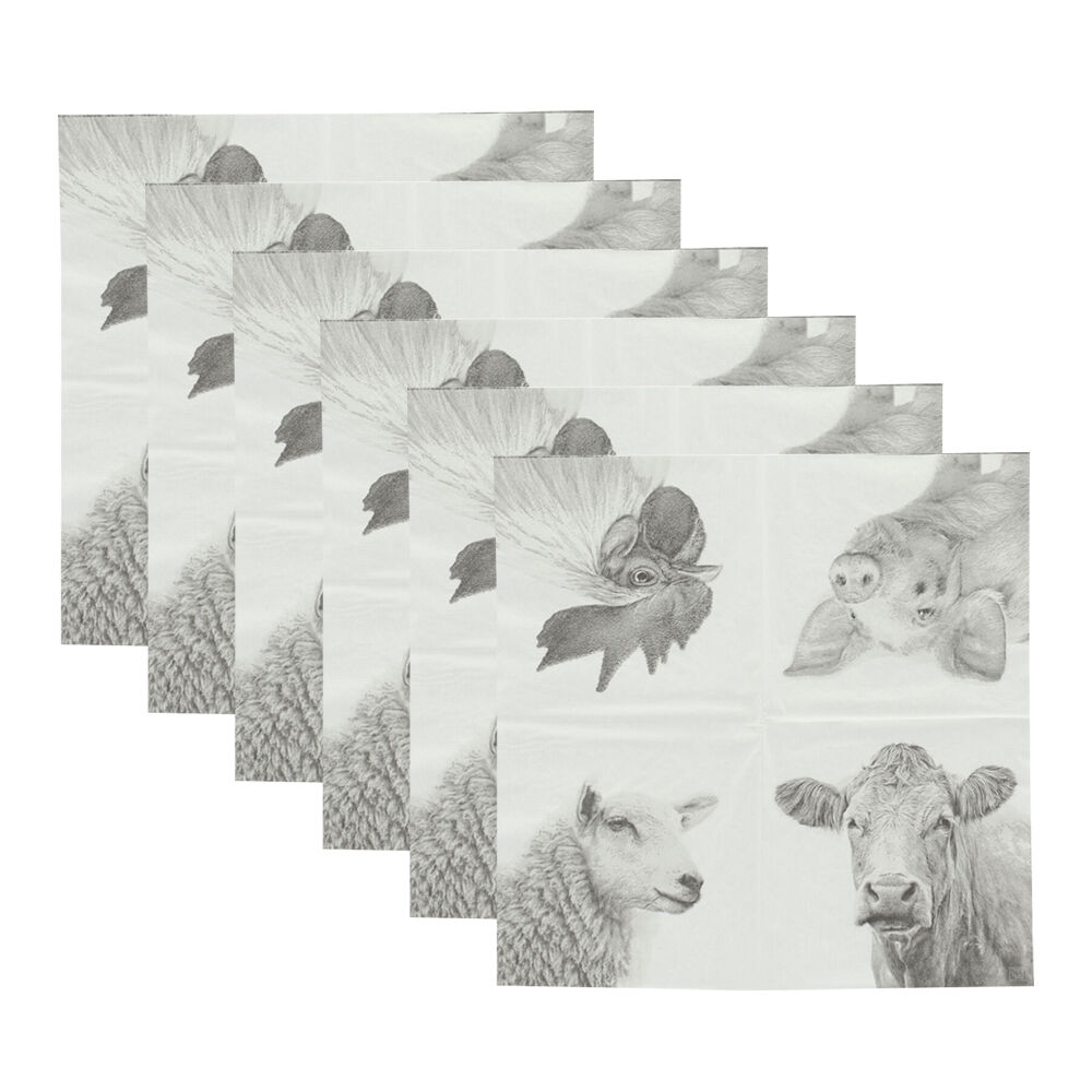 6PK Esschert Design Paper 3-ply Napkin Large Farm Animals Black/White