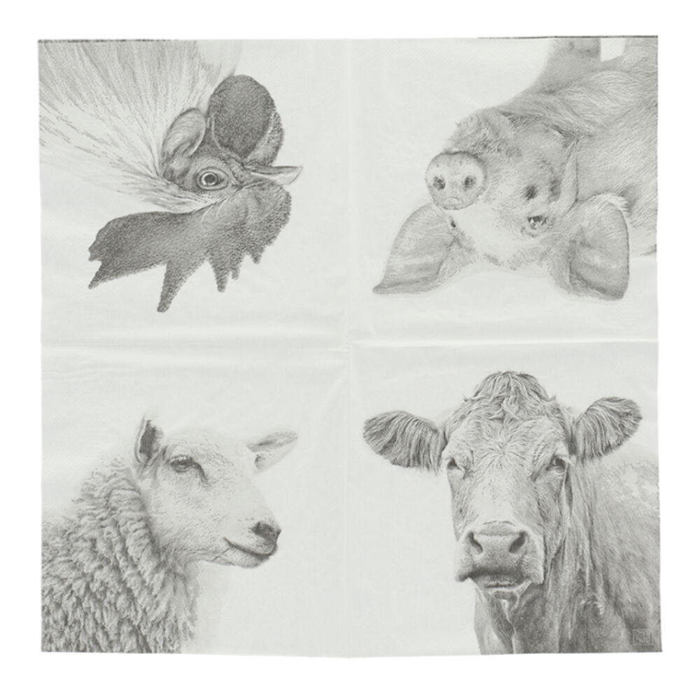 6PK Esschert Design Paper 3-ply Napkin Large Farm Animals Black/White