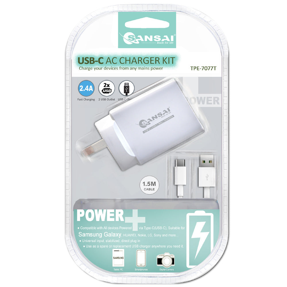 2x Dual USB Wall Charger w/USB C Charging Cable White