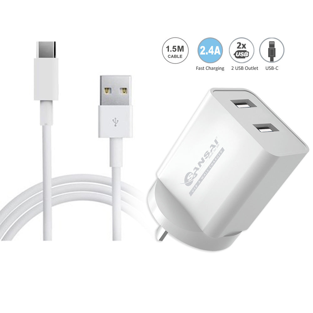 2x Dual USB Wall Charger w/USB C Charging Cable White