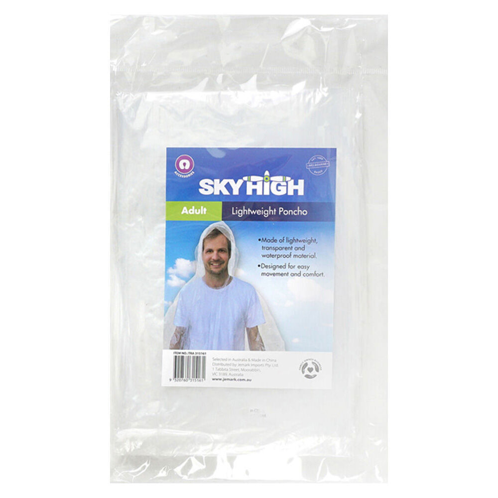 12PK Sky High Adult Travel Lightweight Poncho Rain Cover 100x127cm Transparent