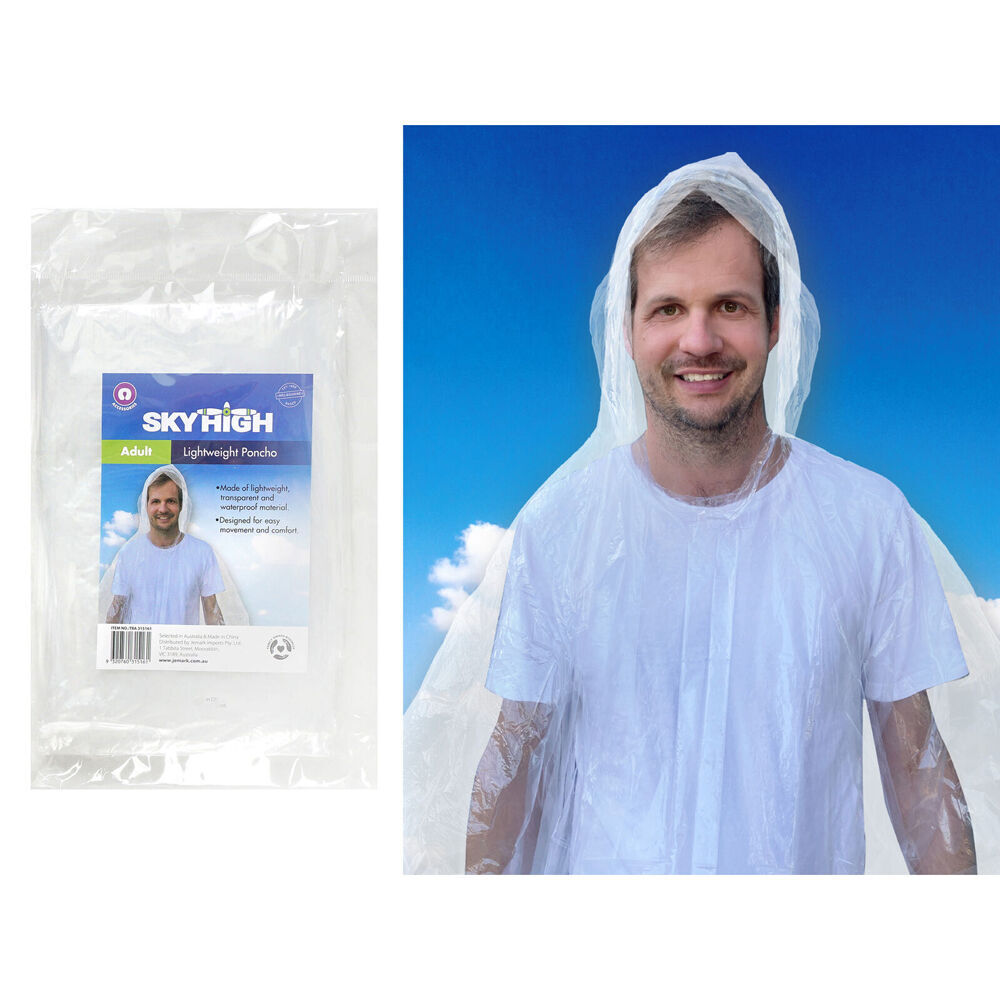 12PK Sky High Adult Travel Lightweight Poncho Rain Cover 100x127cm Transparent