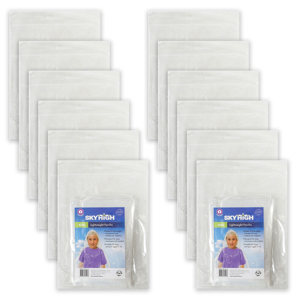 12PK Sky High Childrens Travel Lightweight Poncho 80x110cm Transparent
