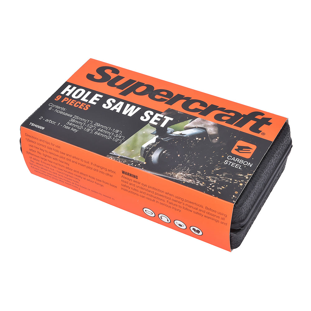 9pc Supercraft Holesaw Set 25-64mm Sized Bits Carbon steel