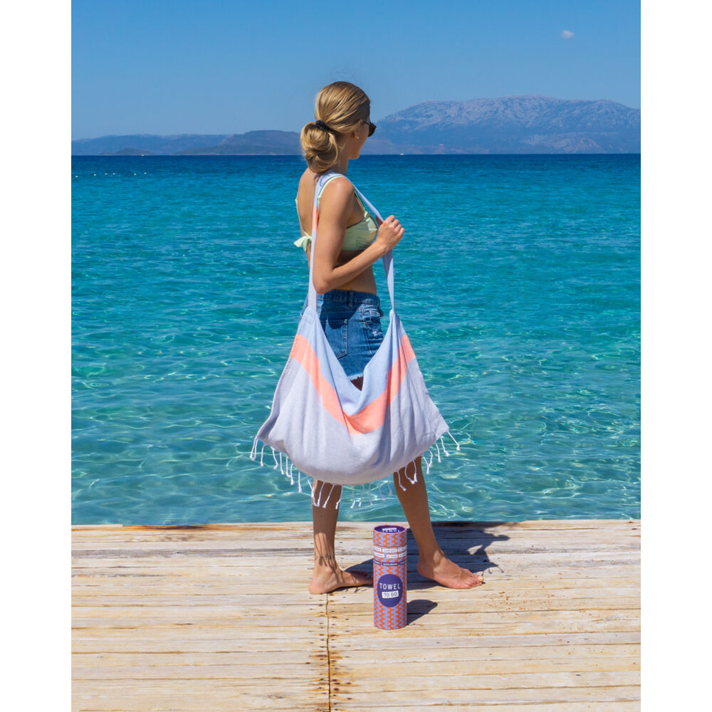 Towel To Go Cotton Neon Convertible Carry Bag Beach Towel Combo 180cm Blue