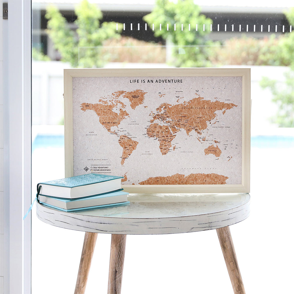 Splosh 53.5cm Travel Framed Cork Board World Map w/ Hook & Stand Small