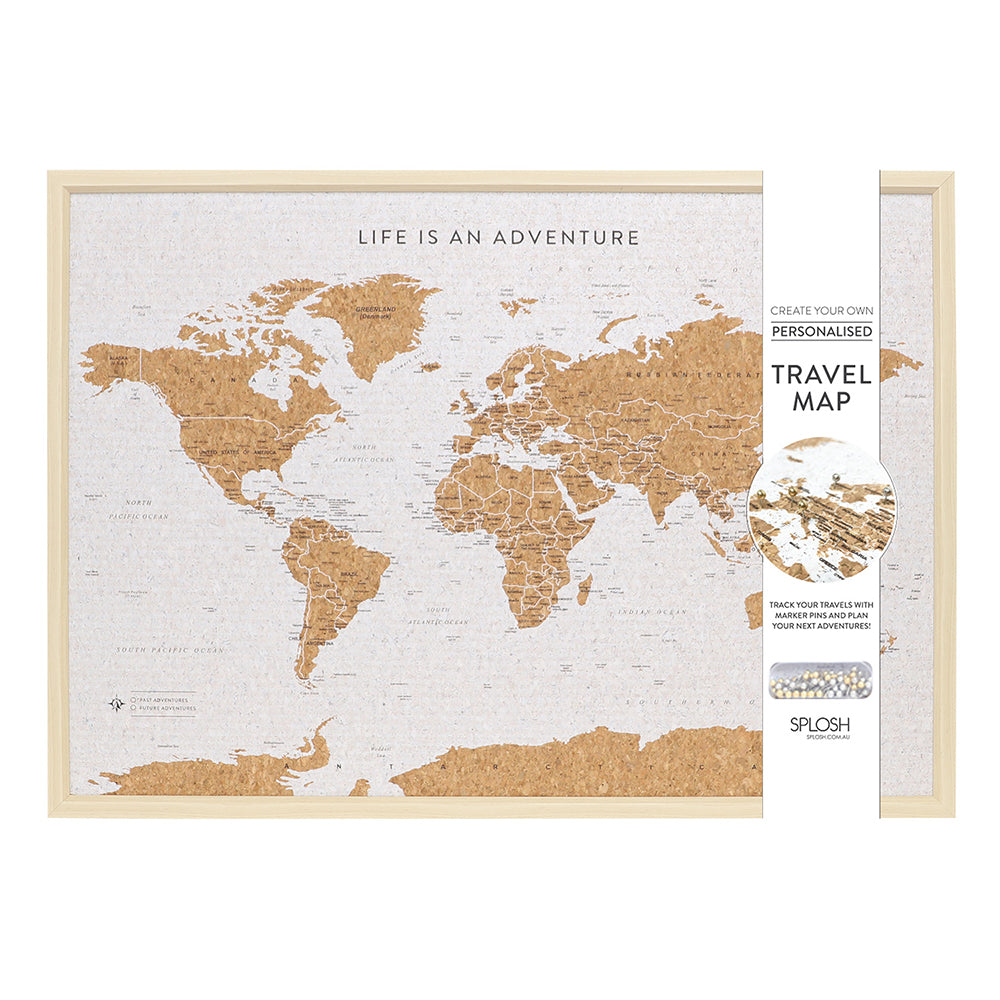 Splosh 93.5cm Travel Framed Cork Board World Map w/ Hook