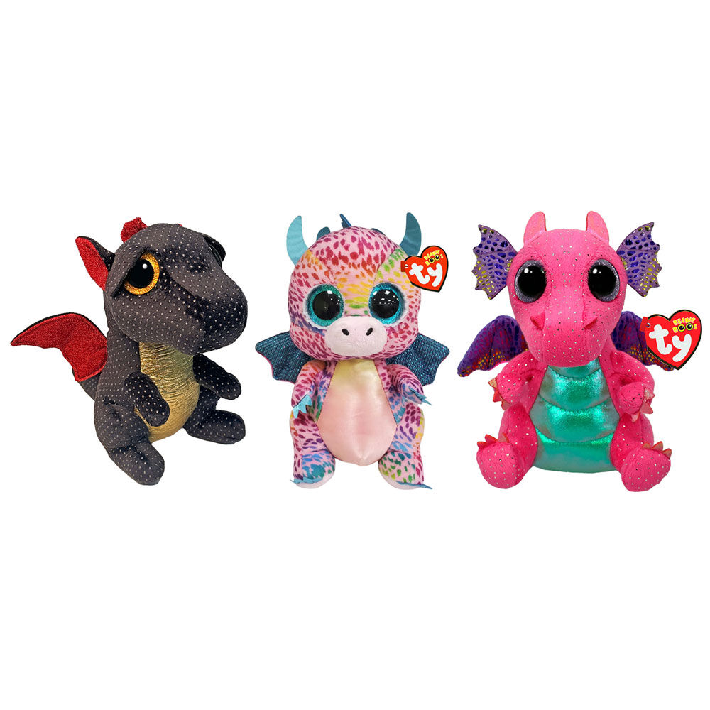 3pc Ty Beanie Boos Grindal/Flint/Spitfire Dragon Plush 15.5cm Combo Set 3y+