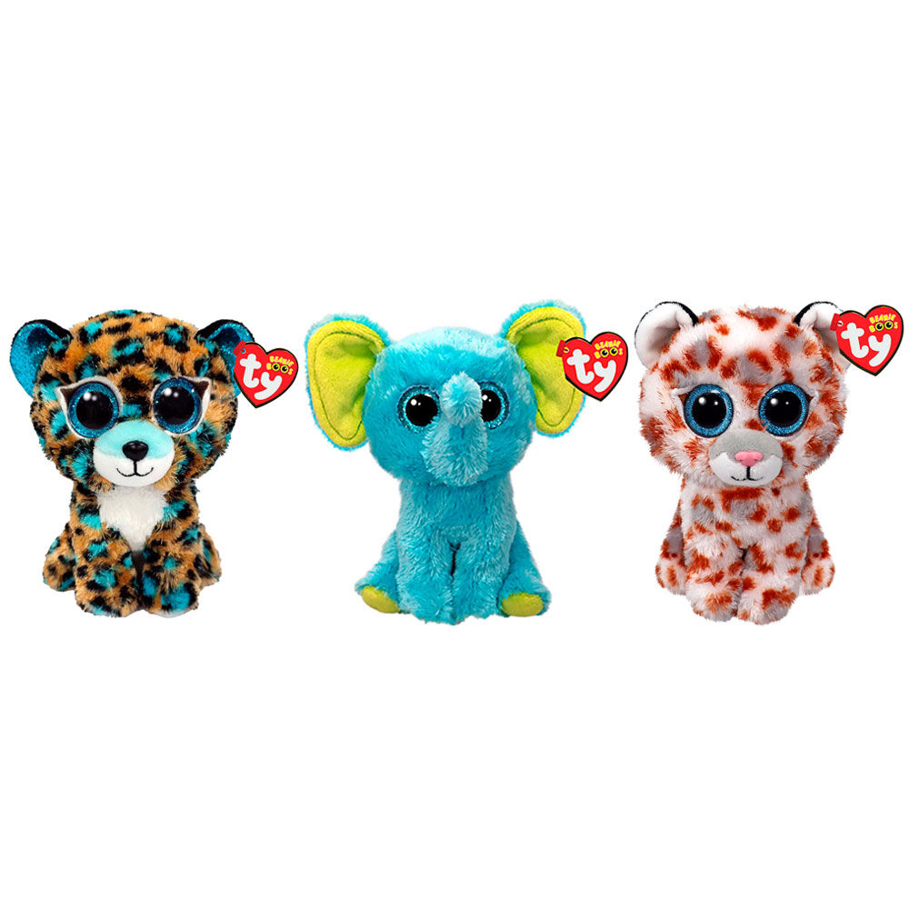 3pc Ty Beanie Boos Cobalt/Coco Leopard/Elephant Plush 15.5cm Combo Set 3y+