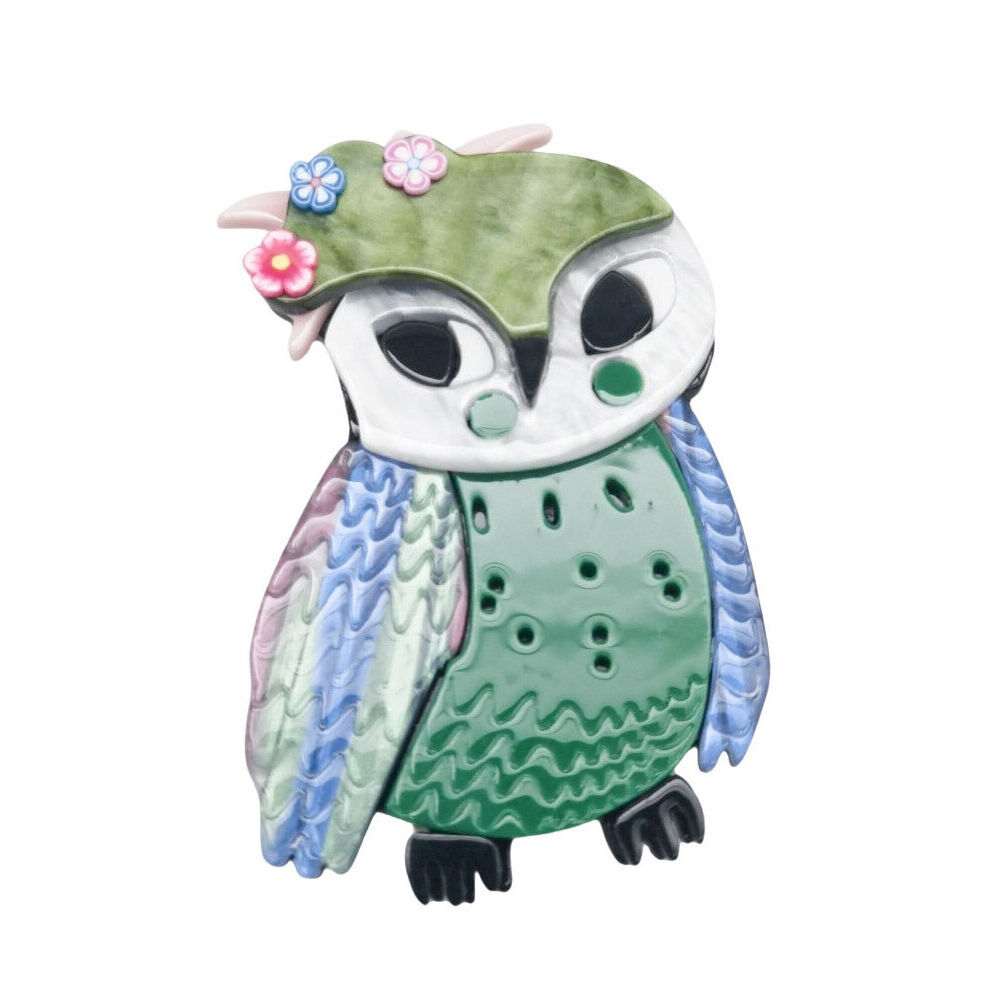 2PK Urban Resin Iris Owl Brooch Pin Clip Women's Accessory Green/White