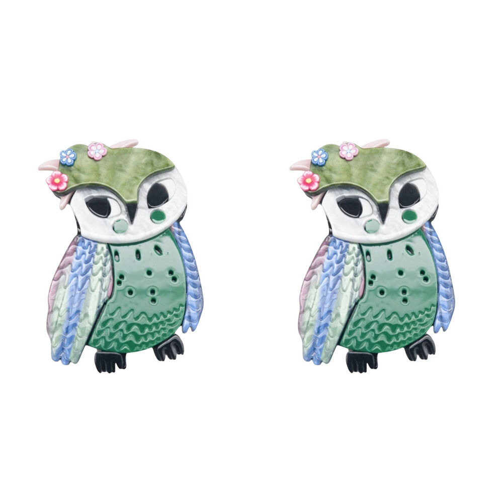 2PK Urban Resin Iris Owl Brooch Pin Clip Women's Accessory Green/White