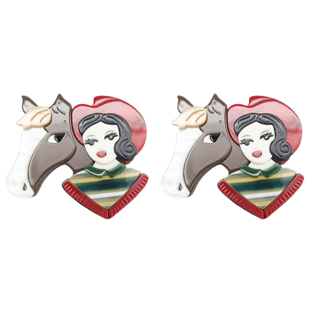 2PK Urban Resin Iris Horsey Girl Brooch Pin Clip Women's Accessory Red