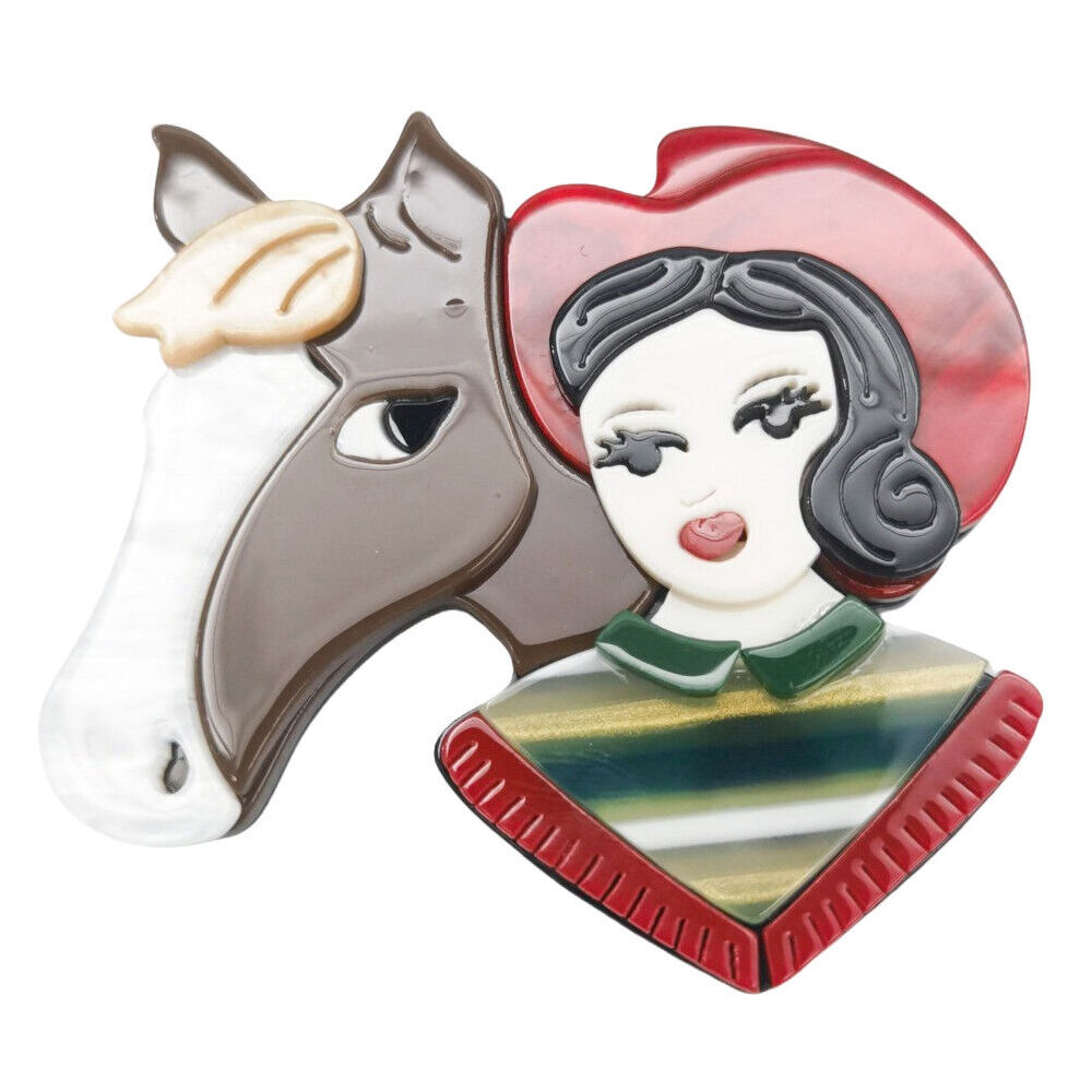 2PK Urban Resin Iris Horsey Girl Brooch Pin Clip Women's Accessory Red
