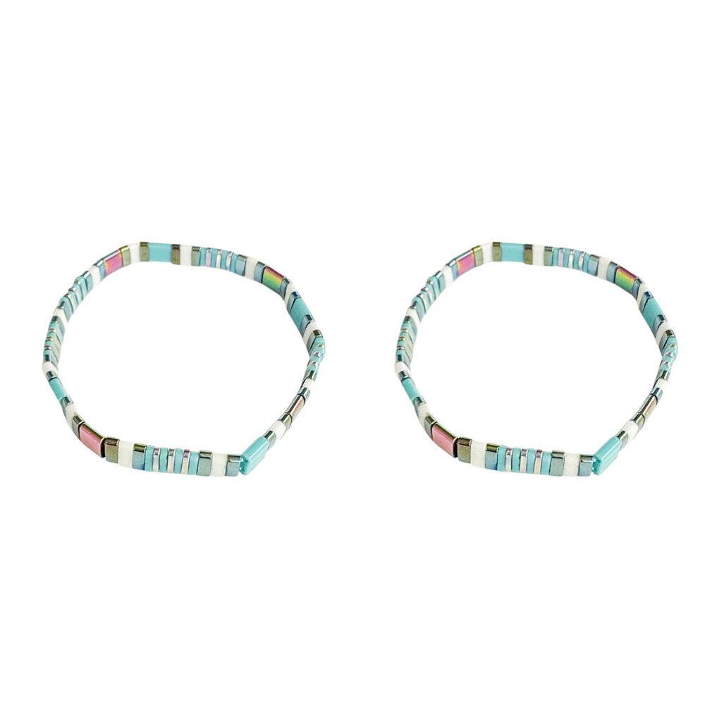 2PK Urban Acrylic Journey Stretch Bracelet Women's Jewellery 16cm Turquoise/Gold