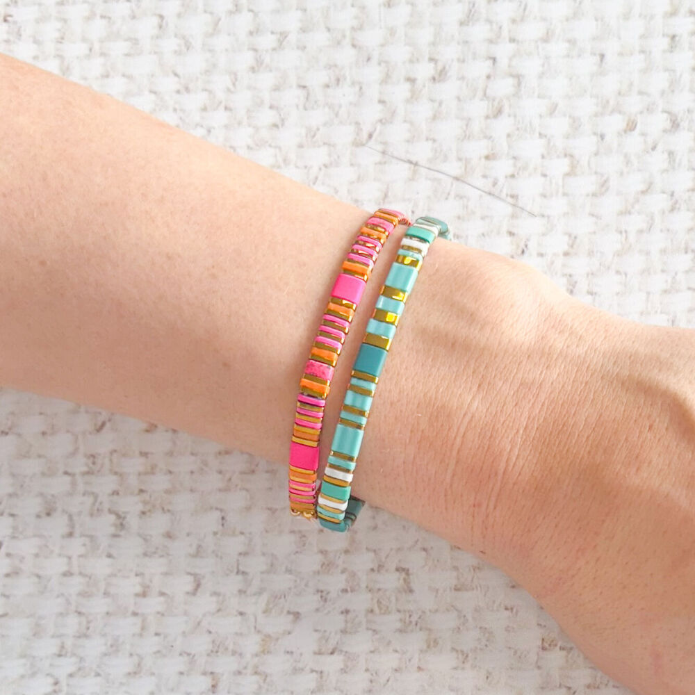 2PK Urban Acrylic Journey Stretch Bracelet Women's Jewellery 16cm Turquoise/Gold