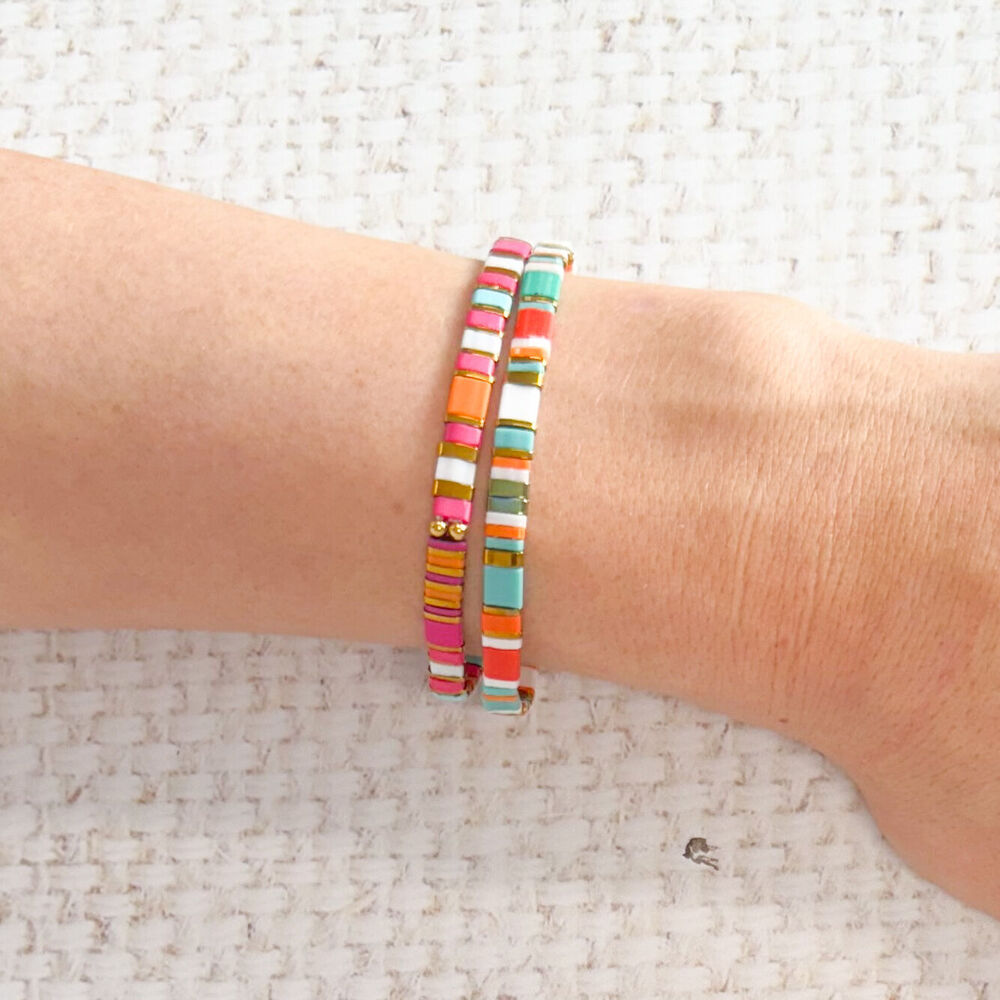 2PK Urban Acrylic Journey Stretch Bracelet Women's Jewellery 16cm Fuscia/Orange