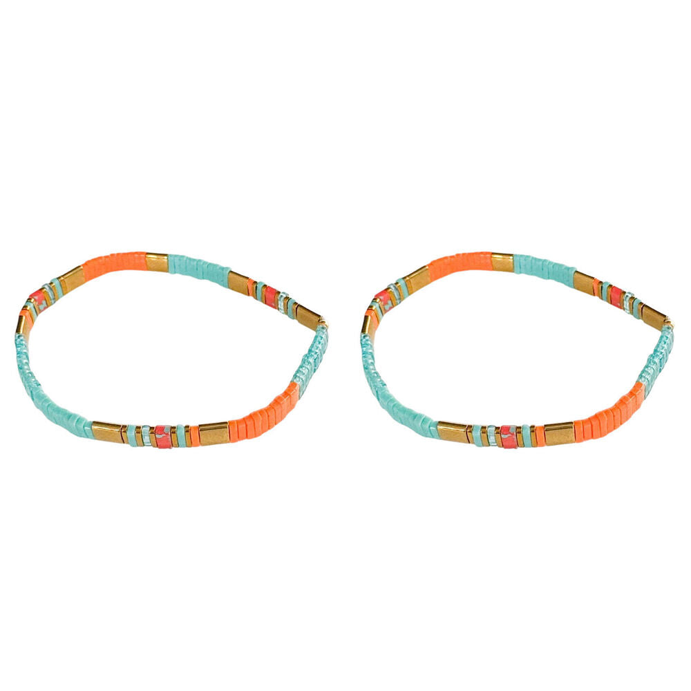 2PK Urban Acrylic Journey Stretch Bracelet Women's Jewellery 16cm Turquoise/Gold