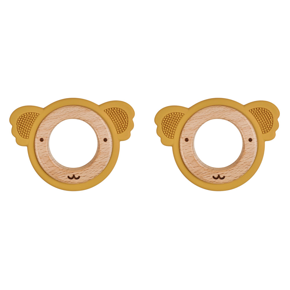 2x Urban Koala 8.5cm Silicone/Wood Teether Ring - Mustard & Natural