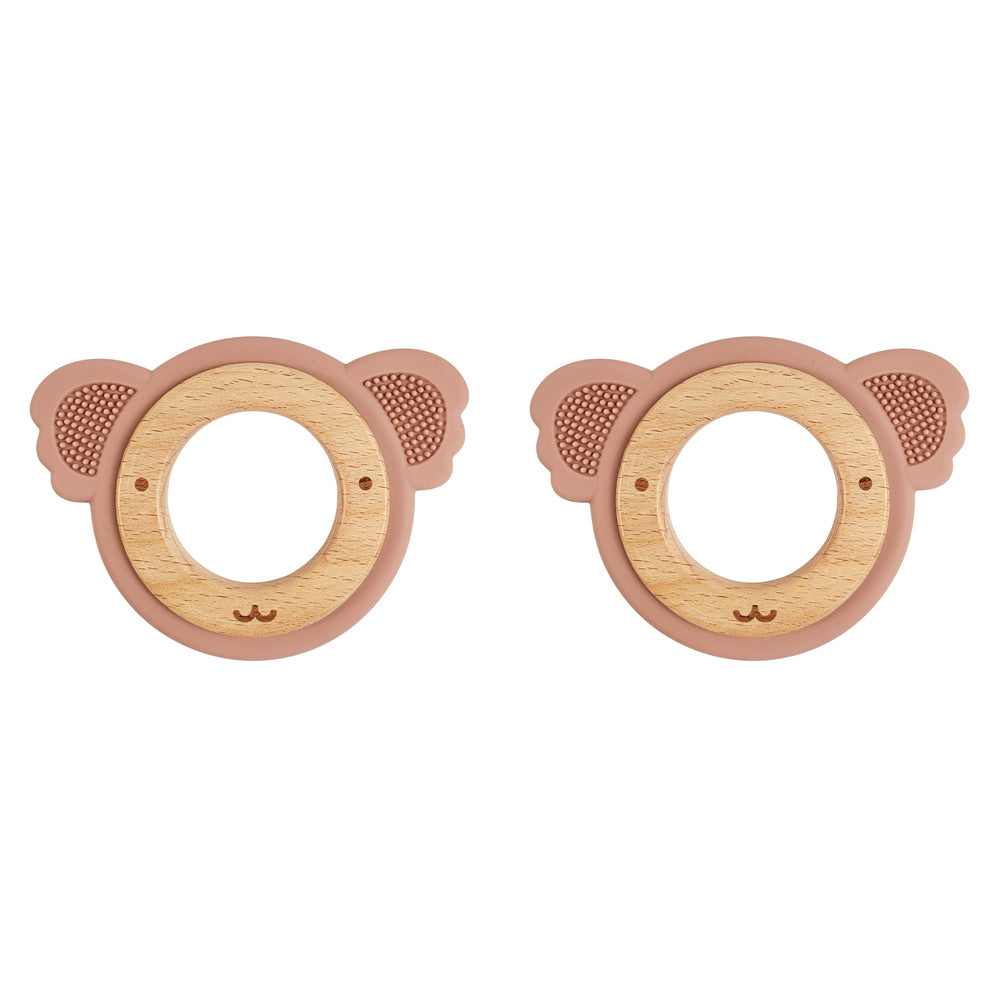 2x Urban Koala 8.5cm Silicone/Wood Teether Ring - Pink & Natural