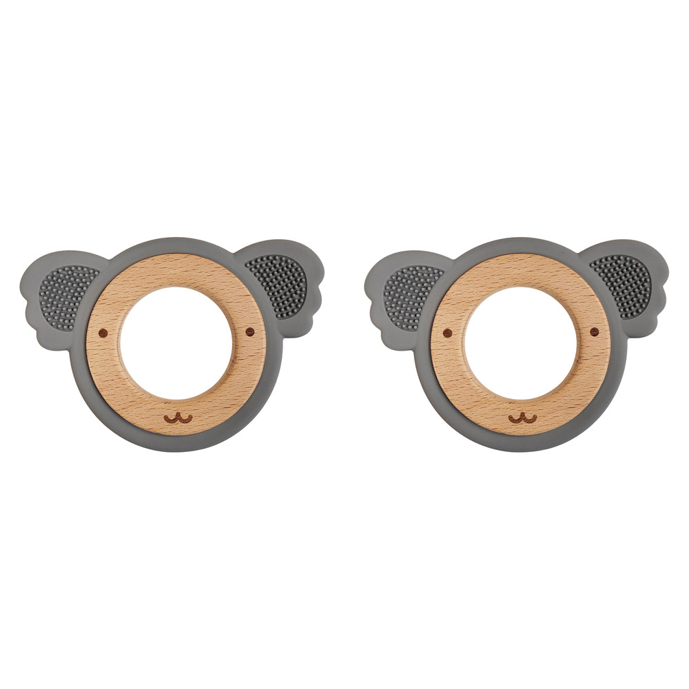 2x Urban Koala 8.5cm Silicone/Wood Teether Ring - Blue & Natural